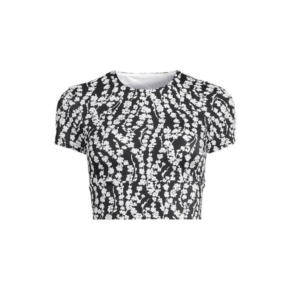 Land's End Tugless cap sleeve Midkini bikini top black white vine floral size 6D - Picture 1 of 4